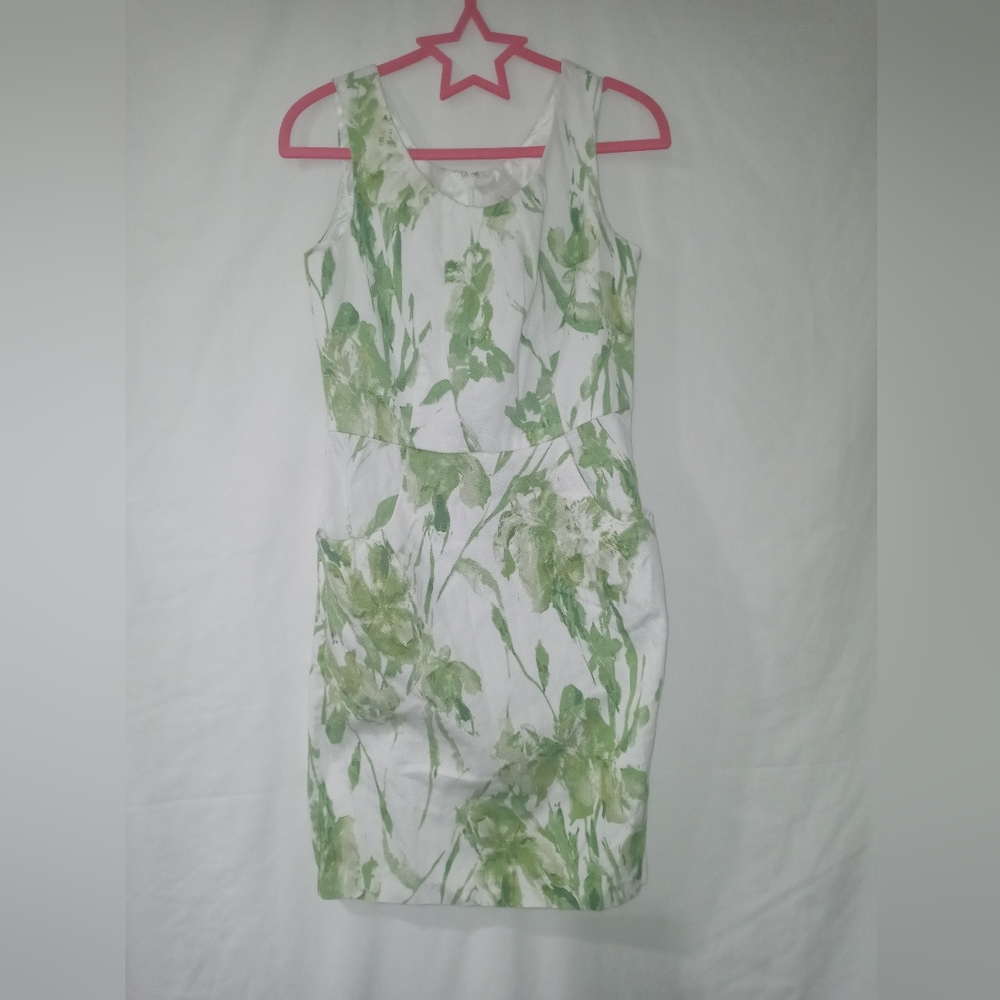 Dress Barn Midi Dress/White w Green Tropical Print/Size 6